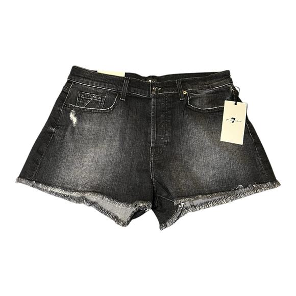 NWT 7 For All Mankind Black Distressed Denim Monroe Raw Cut Off Shorts Size 30 - Picture 1 of 7